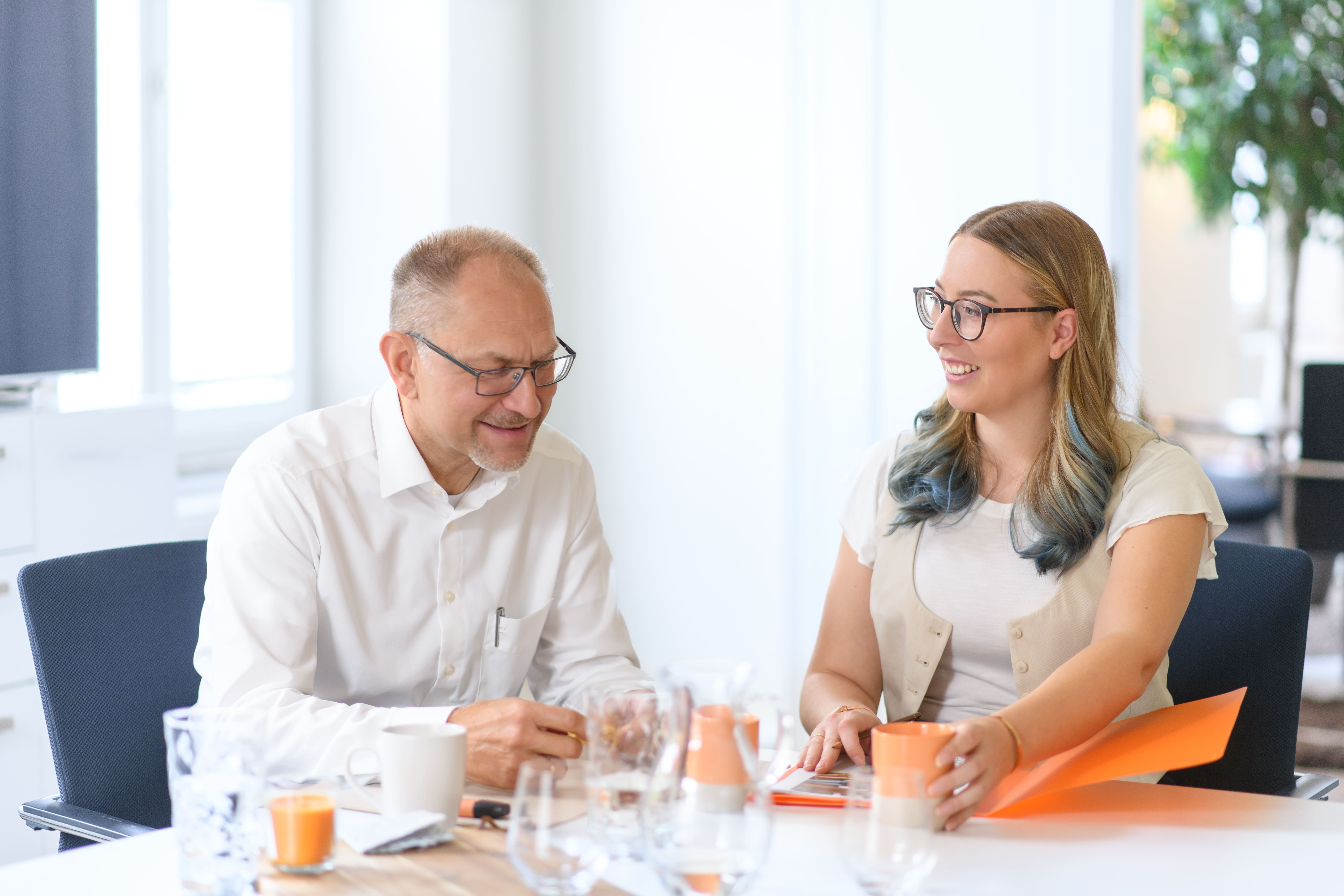 Employees of the insurance brokerage firm Palatina engaged in a personal conversation at the conference table.